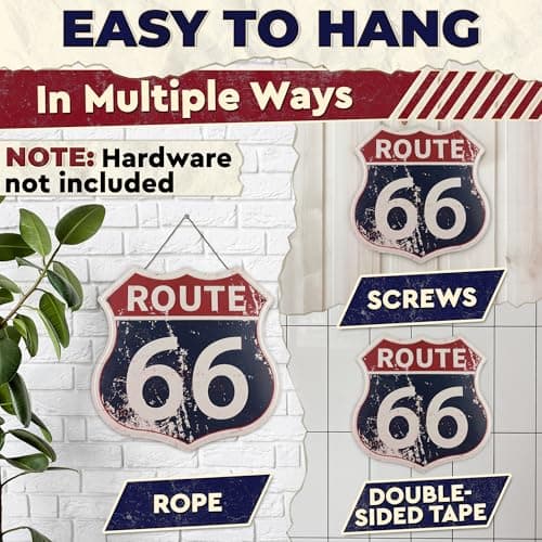 Route 66 Sign - Easy to Hang Tin Signs Vintage Style 12×12 Inch | Route 66 Decor For Bedroom, Man Cave, Garage, Workshop, Bar, Cafe - Retro Road Signs Cars Wall Decor for Gifting and Party Decoration - Thumbnail 6