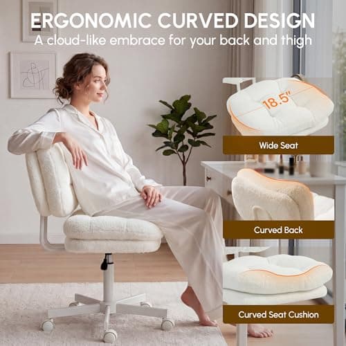 Dowinx Vanity Chair with Wheels, Double-Layered Thickened Cushion Makeup Chair with High Backrest, Armless Swivel Ergonomic Comfy Desk Chair for Home Office, Adjustable Height for Bar Counter-White - Thumbnail 4