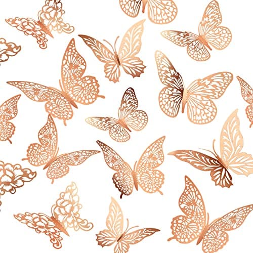 3D Gold Butterfly Wall Decor 3 Sizes 4 Styles Butterfly Party Decorations Cake Decorations Removable Stickers Wall Decor Room Mural Metallic Kids (Rose Gold, 48Pcs) - Image 1