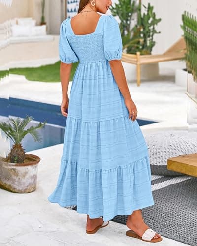 PRETTYGARDEN Women Trendy Dresses Sexy Square Neck Puff Sleeve Smocked Back Ruffle Birthday Party Club Vacation Dress(Light Blue,XX-Large) - Thumbnail 5