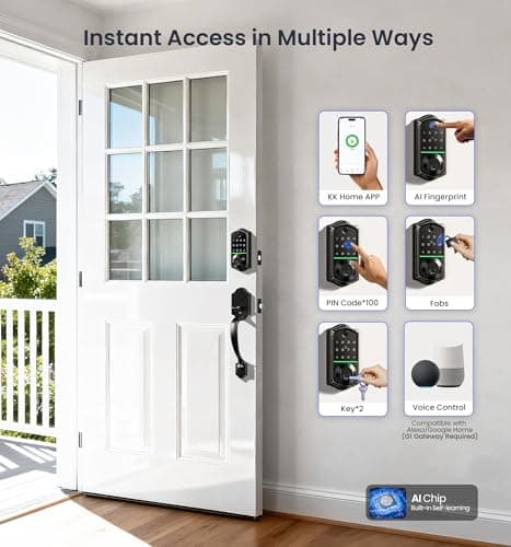 Veise VE017-H Fingerprint Smart Front Door Lock Set, App Control, 8-in-1 Keyless Entry Deadbolt with Zinc Alloy Handles, Emergency Power Port, Touchscreen Keypad, Auto Lock, Easy Install, Matte Black - Thumbnail 3