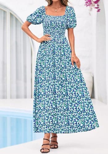 BTFBM Spring Summer Dresses for Women 2026 Puff Short Sleeve Smocked Floral Print Boho Beach Wedding Guest Maxi Dress(Floral Blue Green, Small) - Thumbnail 2