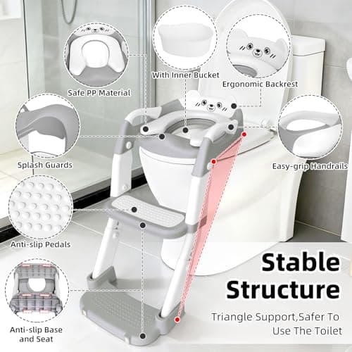 BBfancy Potty Chair, potty training toilet seat with step stool ladder for Kids and Toddler Boys Girls - Kids Potty Training Soft Padded Seat (Grey+White) - Thumbnail 4