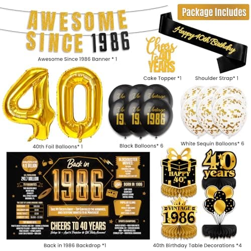 Vintage 40th Birthday Decorations for Men,Awesome Since 1986 Black Gold Backdrop Banner with Balloons, Retro Back in 1986 Party Decorations for Him, Husband, Dad - Thumbnail 4