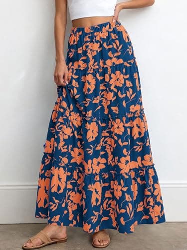 BTFBM Floral Maxi Skirts for Women Summer Spring 2026 Elastic Waist Tiered Flowy Beach Vacation Outfits Boho Long Skirt(Floral Blue Orange, XX-Large) - Thumbnail 4