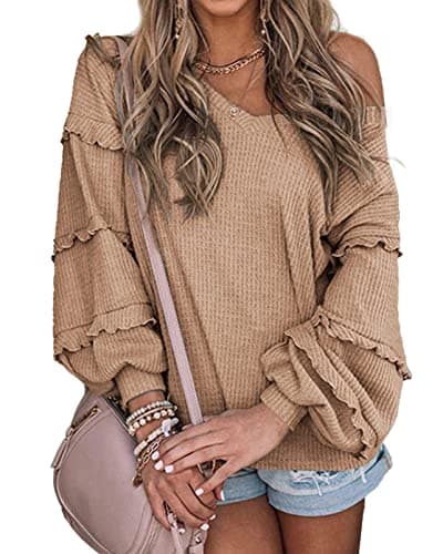 BTFBM Women’s V Neck Long Sleeve Blouse Loose Fit Tunics Ruffles Off Shoulder Waffle Knit Solid Color Tops Fall Tee Shirts(Solid Khaki,X-Large) - Image 1