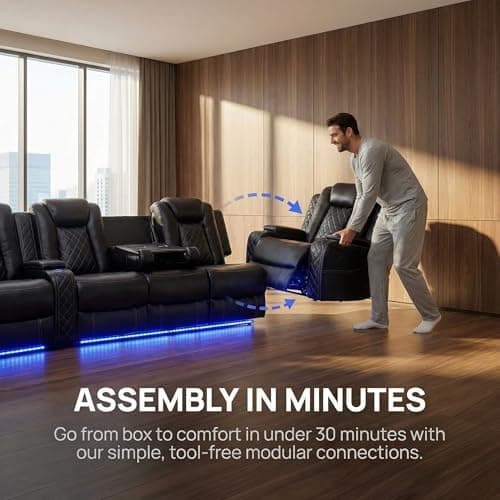 Oversized Modular Sectional Sofa,Leather Sectional Couch with Recliner,Sectional Couches for Living Room, Leather Reclining Sectional with Wireless Charging, LED Lights & Hidden Storage, Black - Thumbnail 6