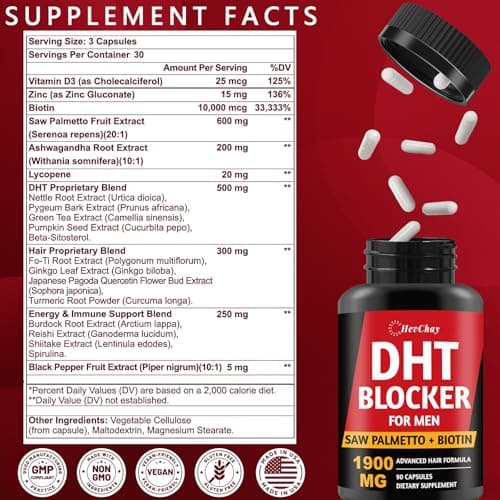 DHT Blocker for Men | Extra Strength Saw Palmetto & Biotin Hair Growth Supplement - Hair Growth Vitamins - Hair Regrowth - Natural Hair Loss Supplements for Men - Proprietary Herbal Blends,2 Pack - Thumbnail 2