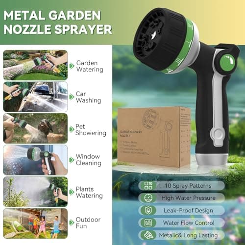 Garden Hose Nozzle Heavy Duty,Metal Water Hose Nozzle with 10 Adjustable Spray Patterns, High Pressure Hose Sprayer Nozzle Thumb Control On Off Valve for Lawn & Plant Watering, Car & Pet Washing - Thumbnail 2