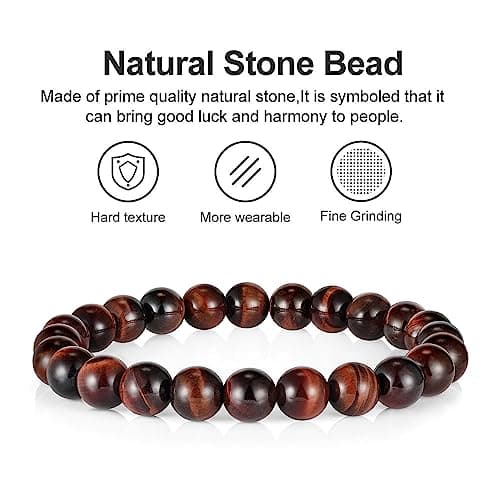 M MOOHAM Beaded Bracelets for Mens Gifts - Lava Rock Beaded Red Tiger Eye Bracelets for Mens Jewelry Gifts - Thumbnail 5