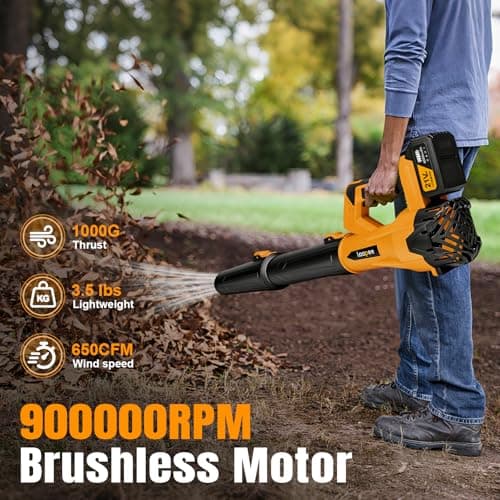 Leaf Blower Cordless,Electric Leaf Blower with 2 4.0Ah Battery Powered and Fast Charger, Cordless Blowers for Lawn Care and Car Dust Snow Blower,6 Speed Control,Orange - Thumbnail 2