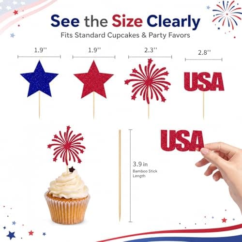 Oeyliz 4th of July Cupcake Toppers Independence Day Cupcake Toppers Patriotic Cupcake Topper 24Pcs Glitter Memorial Day Cupcake Picks Independence Day Cake Decorations for 4th of July Party Supplies - Thumbnail 6