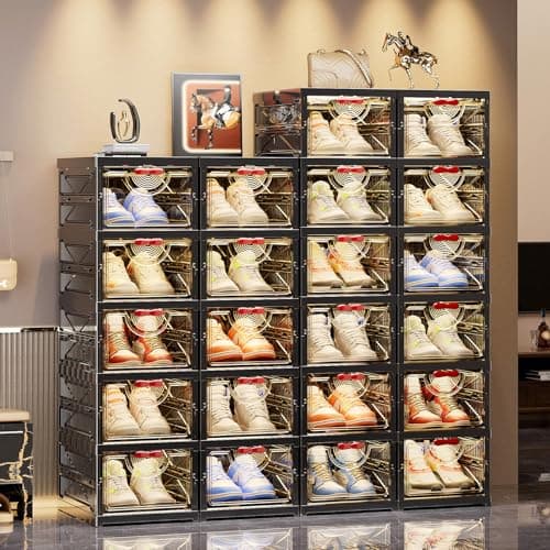 Zuocheng Foldable Shoe Rack Organizer Stackable Shoe Storage Box for Entryway, Closet & Bedroom Large Capacity Sneaker Containers Bins with Lids 5 Pack Black - Thumbnail 2