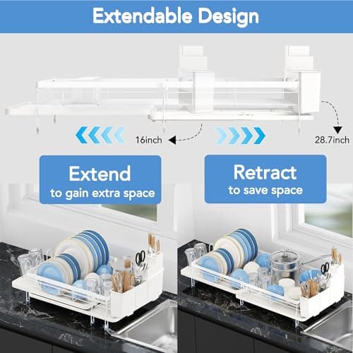 ROTTOGOON Expandable Dish Drying Rack,Multifunctional Adjustable Dish Drainer with Swivel Spout and Anti-Rust Dish Rack with Removable Cutlery & Cup Holders for Kitchen Counter,White - Thumbnail 2