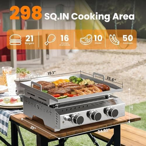 COWSAR 3-Burner Portable Tabletop Grill, 24000 BTU Stainless Steel Non-Stick Outdoor Portable Propane Griddle for Camping RV Backyard BBQ - Thumbnail 2