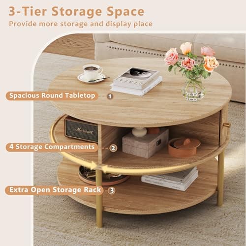 23.6" Round Coffee Table with Storage, 3-Tier Small Round Coffee Table with Sliding Cabinet Door & Round Metal Legs, Mid Century Modern Coffee Tables for Living Room, Oak - Thumbnail 4
