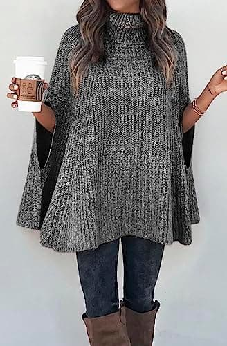 KIRUNDO Women's 2026 Fall Winter Turtleneck Poncho Sweater Fashion Chunky Knit Cape Wrap Sweaters Pullover Jumper Tops(Grey, X-Large) - Thumbnail 4