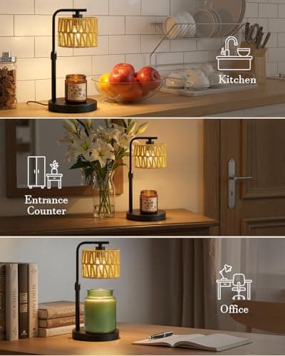 Candle Warmer Lamp, Timer Dimmable Candle Lamp, Adjustable Height and Brightness Candle Warmer, Boho Rattan Lampshade and 2 Bulbs, Suitable for Home Decor, Birthday Gifts for Women Mom (Black) - Thumbnail 6
