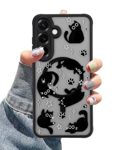 Aitipy Compatible with MagSafe Case for Samsung Galaxy S25, Cute Black Cat Aesthetic Pattern Magnetic Design Phone Case, Soft TPU Protective Phone Cover for Women Girls-Black - Image 1
