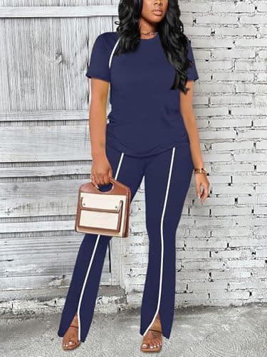 STOLKISS Lounge Sets for Women 2 Piece Summer Casual Crewneck Jogger Workout Outfits Short Tops Long Pants Sweatsuit Leggings Sets Blue M - Thumbnail 2