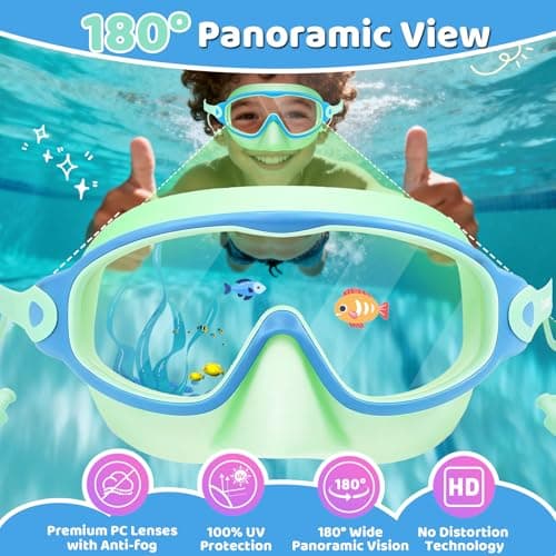 Vvinca Kids Swim Goggles 2 Pack with Nose Cover and Attached Earplugs, Wide View Anti-Fog/UV Swimming Goggles for Age 3-12 Boys Girls, No Leak Pool Water Clear Swimming Goggle for Youth Toddler - Thumbnail 5