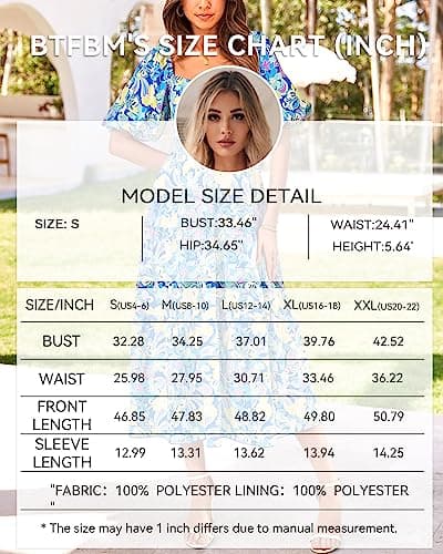 BTFBM Summer Dresses for Women 2026 Spring Outfits Beach Vacation Short Sleeve Smocked Boho Casual Floral Maxi Dress(Print Blue, Medium) - Thumbnail 5