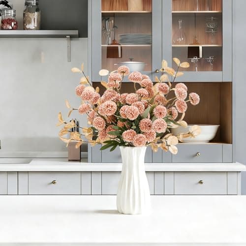 Luldesce Beige Faux Silk Pompon Mums Artificial Flowers - 12 Pcs Fake Kiku Flowers Bulk with Eucalyptus Leaves, Long Stems Chrysanthemums Ball Flower for DIY Centerpiece Party Spring Home Decor - Thumbnail 6