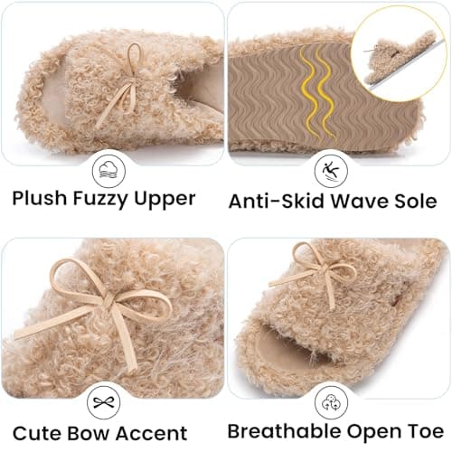 BOVTY Women's Fuzzy Open-toe Bowknot & Double-Strap Slippers, Memory Foam Non-Slip Indoor House Slides - Thumbnail 4