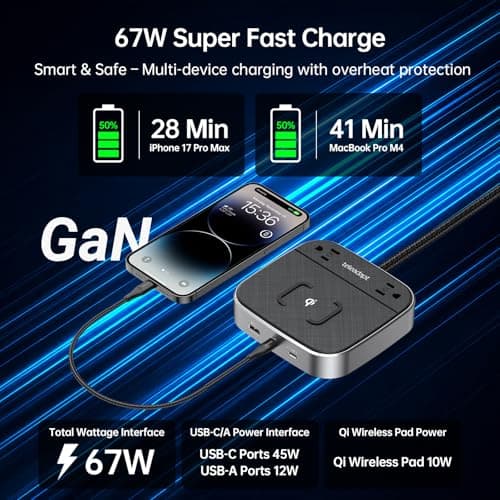 Teleadapt GaN Multi Charging Station 67W, 6 in 1 iPhone Charging Station with USB Ports, Wireless Charging, 2× AC Outlets, Desktop/Bedside/Nightstand Power Station, Hotel-Grade Design, Grey - Thumbnail 3