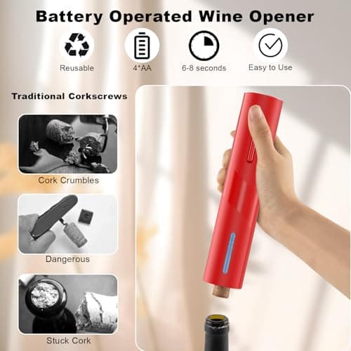 COKUNST Electric Wine Opener, Reusable Cordless Wine Bottle Corkscrew with Foil Cutter, Battery Operated Wine Openers for Wedding Kitchen Party Home Red - Thumbnail 5