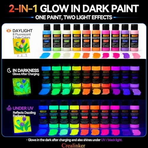 Glow in the Dark Acrylic Paint, 10 Colors 2oz/60ml Bright Neon Glow Paint, Long Lasting Black Light Fluorescent Paints for Outdoor Rocks, Canvas, Wood, DIY Craft, Glass, Night Party Decor. - Thumbnail 2