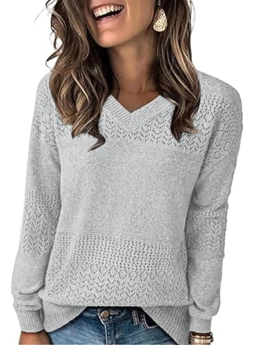 NORACORA Womens V Neck Fall Sweaters 2025 Casual Long Sleeve Ribbed Knit Pullover Lightweight Crochet Pullover Sweater Tops Grey - Thumbnail 2