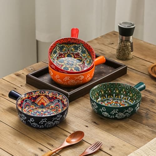 JINNTHE 9 In Soup Bowl with Handle Orang 1PC, 23 Oz Soup Bowls Spaghetti Bowl, Bohemian Ceramic Soup Crocks for Cereal, Pasta, Noodle, Rice, Beef Stew, Chilli, Oven Microwave Dishwasher Safe Gift - Thumbnail 6