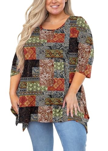 AusLook Plus Size Blouses for Women 3/4 Sleeve Boho Patchchic Brown 2X Crewneck Clothes Pleated Clothing Flowy Tunic Tops Loose Fit Babydoll Maternity Shirts - Image 1