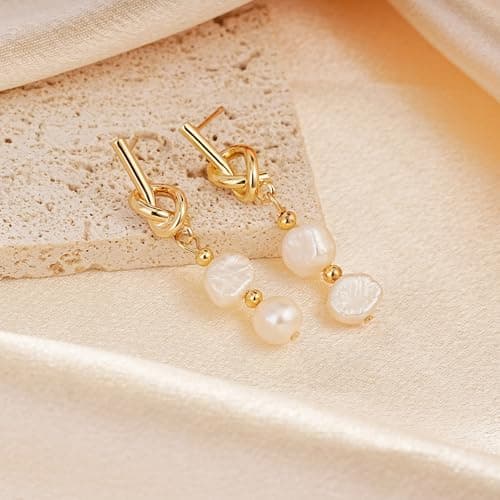 Sylph Gold Pearl Earrings for Women Pearl Drop Earrings Gold Knot Dangle Earrings Hypoallergenic Jewelry Gifts for Her - Thumbnail 3