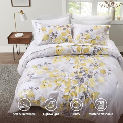 Regency Heights King Comforter Set Yellow Bed Set, 9 Pieces Cute Floral Bedding Set Ultra Soft Botanical Flowers Comforter, Sheets, Pillowcases & Shams - Thumbnail 3
