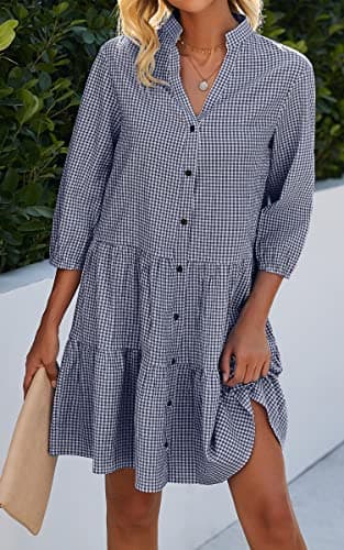 CCTOO Women's Summer Dresses Casual V Neck Button Down 3/4 Sleeve Floral Print Loose Flowy Shirt Dress Navy Blue Small - Thumbnail 2