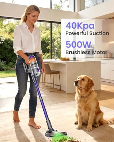 COTIAR Cordless Vacuum Cleaner,500W 40KPa 120Mins Runtime with 2 Batteries,Anti-Tangle Stick Vacuum with Green Light,Rechargeable Wireless Vacuum for Pet Hair/Carpet/Hardwood Floor,Purple - Thumbnail 2