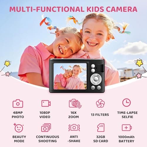 Digital Camera, 48MP FHD 1080P Point and Shoot Camera with 16x Zoom, Anti Shake Compact Portable Camera for Photography with 32GB Card, Autofocus Camara for Kids, Beginners, Teens, Black - Thumbnail 2