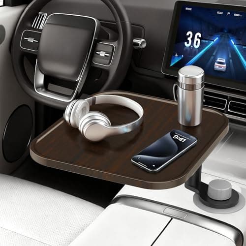 360° Rotation Car Desk for Laptop, Height-Adjustable Cup Holder Table, Wooden Car Food Tray & Laptop Mount Compatible with Tesla Model Y/3/S, Ford F150/Explorer/Maverick & Most Vehicles (Dark Walnut) - Thumbnail 2