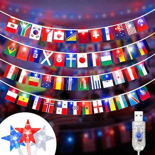 Soagrc 2026 World Cup String Lights Outdoor, 49FT 75 LED Red White Blue Stars Patriotic String Lights Indoor with 48 Country Flags USB Powered for World Cup Party, Independence Day, Sports Events, Bar - Image 1