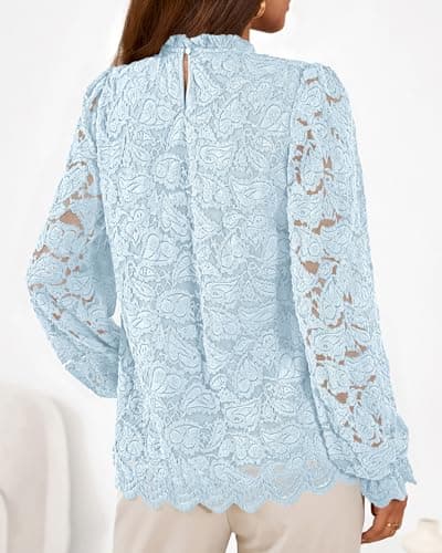 KIRUNDO Blouses for Women Dressy Casual Lace Long Sleeve Tops Mock Neck Ruffle Shirts 2026 Spring Fall Fashion Clothing(Blue, X-Large) - Thumbnail 2