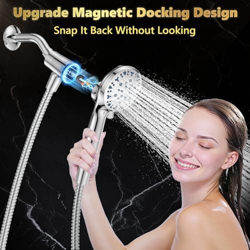 DAKINGS High Pressure Filtered Shower Head with Handheld, Upgrade Magnetic 10-Mode Handheld Showerhead Built-in Power Wash for Bathroom Cleaning, Detachable Shower Head with 71" Shower hose - Thumbnail 2