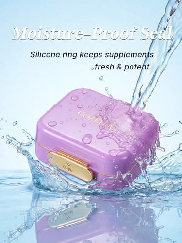 Small Pill Case Travel Pill Box with 7 Compartments for Purse - Compact Pill Organizer for Medicine Vitamin - Portable Container for Fish Oil & Supplements - Lavender - Thumbnail 4