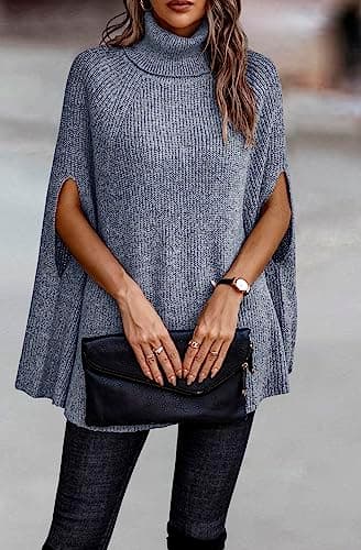 KIRUNDO Women's 2026 Fall Winter Turtleneck Poncho Sweater Fashion Chunky Knit Cape Wrap Sweaters Pullover Jumper Tops(Grey Blue, Medium) - Thumbnail 6