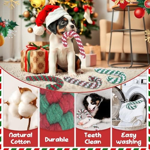 Onwoli Christmas Dog Rope Toys, Christmas Cane Candy Rope Toy, 4 Packs Dog Interactive Chewing Toys for Puppy Small Medium Dogs Training Playing Teething Cleaning, for Dogs - Thumbnail 4