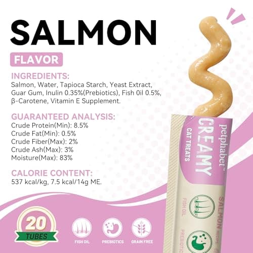 PETPHABET Lickable Cat Treats Squeeze, Creamy Puree Squeezable Wet Kitten Treats, Salmon Recipe 20 Tubes, Paste Snacks for Skin & Coat Health, Digestive Care, High Protein, Grain Free - Thumbnail 2
