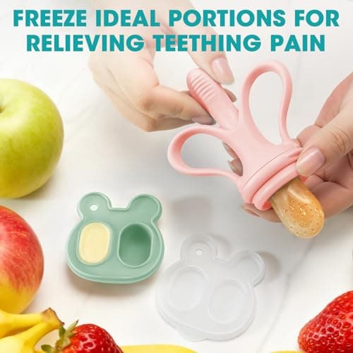 JEXFUN Baby Fruit Feeder & Breastmilk Popsicle Mold Set, Silicone Food Feeder Pacifier for Cooling Relief with 3 Replaceable Pouches, BPA-Free Teething Toy for Safe Infant Self Feeding (Pinkish) - Thumbnail 3
