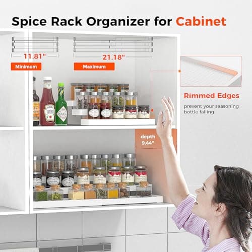 INVOCOO Expandable Spice Rack Organizer for Cabinet - 3 Tier Adjustable Cabinet Spice Organizer Easy Visibility - Spice Organizer for Cabinet Countertop Cupboard Pantry Organization (White) - Thumbnail 4