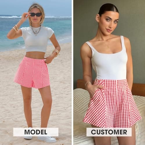 EXLURA Womens Cotton Boxer Shorts Faux Linen Gingham Shorts Summer High Waist Plaid Y2K Beach Bottoms Vacation Outfits 2026 - Thumbnail 2